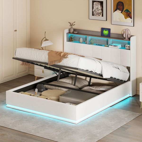 Letto Imbottito Idraulico Fortuna Lai 140X190Cm Con Funzione Cassetto, Letto Giovanile Letto Matrimoniale Con Contenitore, Letto Contenitore Con Led, Lino, Beige-image
