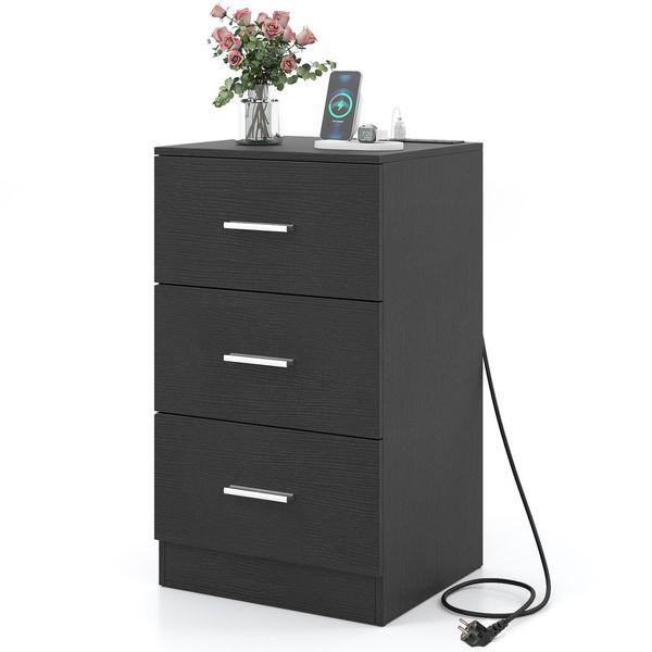 Costway Comodino Con Stazione Di Ricarica, Comodino Con 3 Cassetti, Comodino Lucido, Tavolino Per Letto Boxspring, 38X35X66 Cm, Nero-image