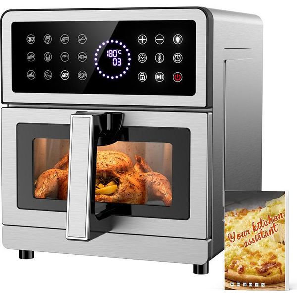 Friggitrice Ad Aria Calda Xxl 8L Airfryer Elementi Riscaldanti Superiore/Inferiore, Friggitrice Ad Aria Air Fryer Finestra Di Visualizzazione E Luce 12 Programmi 2150W Alloggiamento In Metallo, Friggitrice Ad Aria Calda Con Ricette Max 200℃ Per La Famiglia-image
