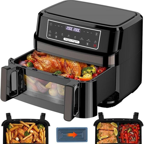 Friggitrice Ad Aria Calda Xxl 12L Airfryer Variabile Per Camera Singola E Doppia, Friggitrice Ad Aria Calda 8 In 1 Doppia Camera Con Regolazione Separata Della Temperatura, Friggitrice Ad Aria 2 Camere Touchscreen Max 200 ℃ Cottura A Basso Contenuto Di Grassi-image