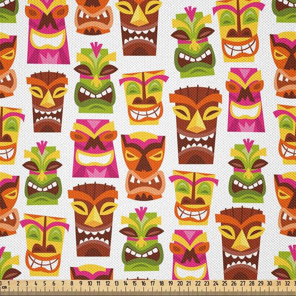 Abakuhaus Tiki Bar Tessuto Satinato Al Metro, Festa Hawaiana Felice Tiki Concetto Maschere Volti Colorati Motivo Ripetitivo, 2 M (148 X 200 Cm), Multicolore-image