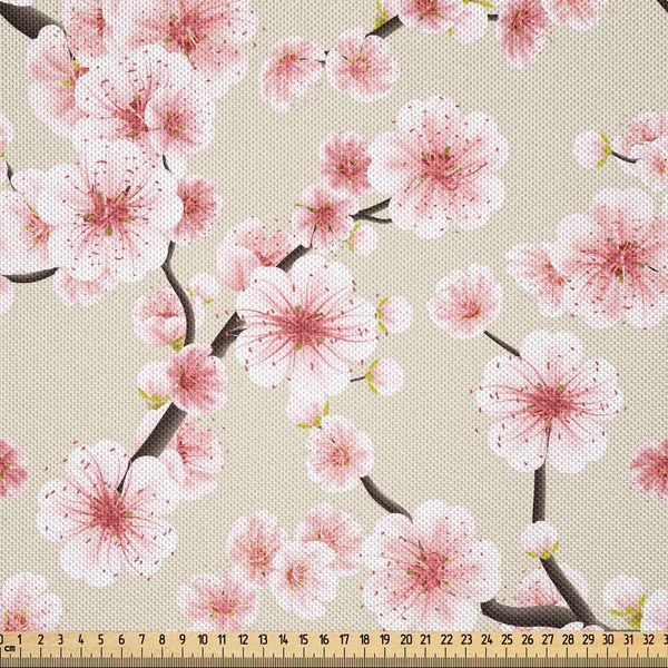 Abakuhaus Tessuto Satinato Asiatico Venduto Al Metro, Fiori Di Ciliegio Giapponesi Simbolo Dell'arrivo Della Primavera, Ispirazione Orientale, 5 M (148 X 500 Cm), Beige-image