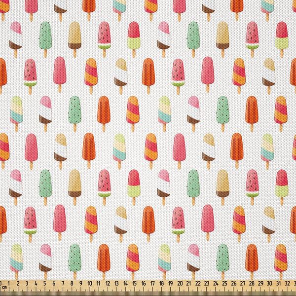 Abakuhaus Tessuto Satinato Eis Venduto Al Metro, Illustrazione Iconica Con Gelati Ai Gusti Anguria, Kiwi, Arancia, Ciliegia E Cioccolato, 3 M (148 X 300 Cm), Multicolore-image