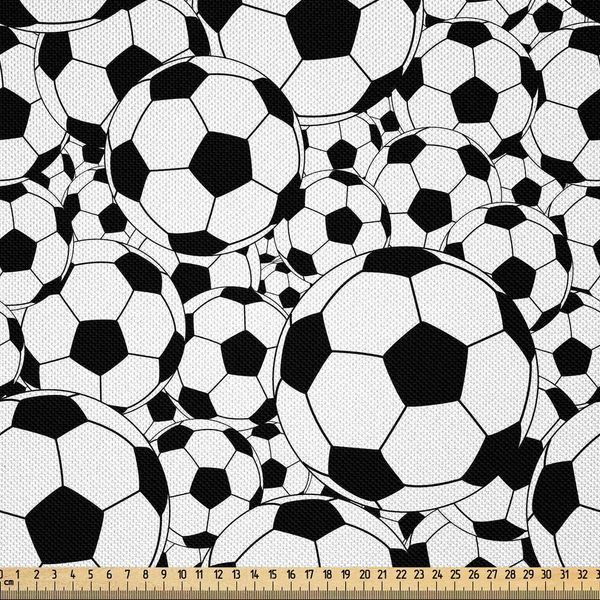 Abakuhaus Tessuto In Raso Da Calcio Venduto Al Metro, Motivo Monocromatico Ripetitivo Di Palloni Da Calcio Sovrapposti Con Effetto Ottico, 1 M (148 X 100 Cm), Bianco E Nero-image