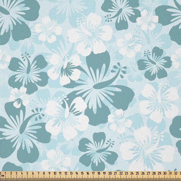 Abakuhaus Tessuto Satinato Hawaii Al Metro, Silhouette Floreali Composizione Floreale Sbiadita Della Stagione Primaverile, La Natura Fiorisce, 5 M (148 X 500 Cm), Turchese Azzurro Pallido-image
