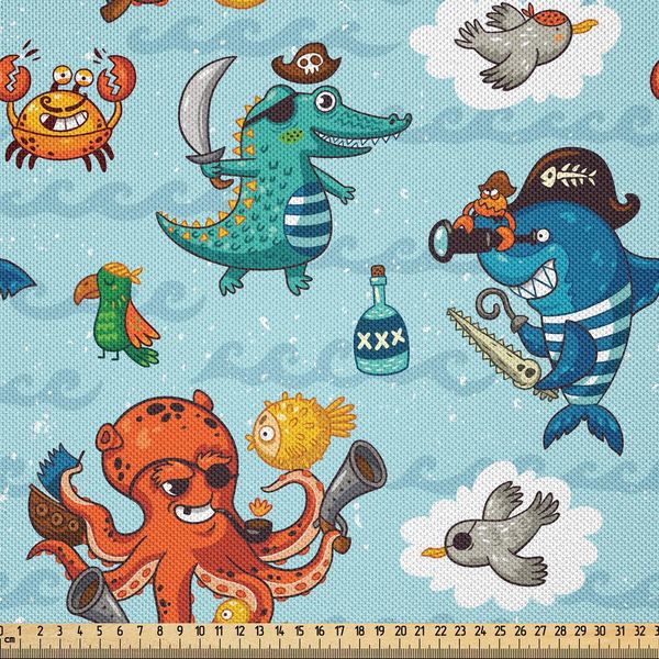 Abakuhaus Tessuto Satinato Pirates Al Metro, Con Motivi Pirateschi Di Coccodrilli, Polpi, Squali, Granchi, Gabbiani, Pappagalli, Bottiglie Di Rum E Caricature, 5 M (148 X 500 Cm), Multicolore-image
