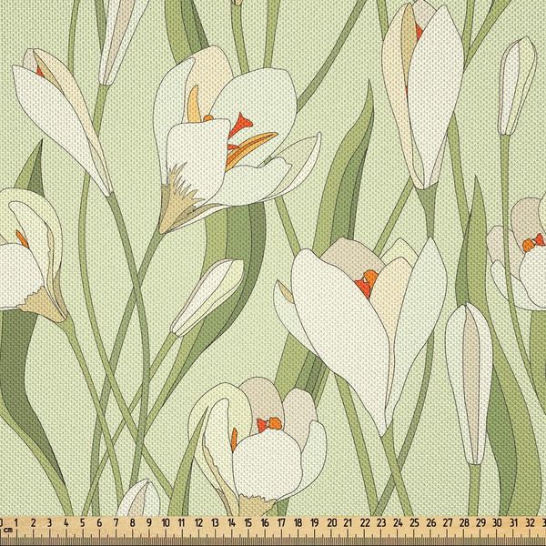Abakuhaus Arte Da Giardino Tessuto In Raso Al Metro, Bouquet Primaverile Di Crochi Con Petali Freschi E Sani Botanici, 3 M (148 X 300 Cm), Verde Chiaro Crema Arancione-image