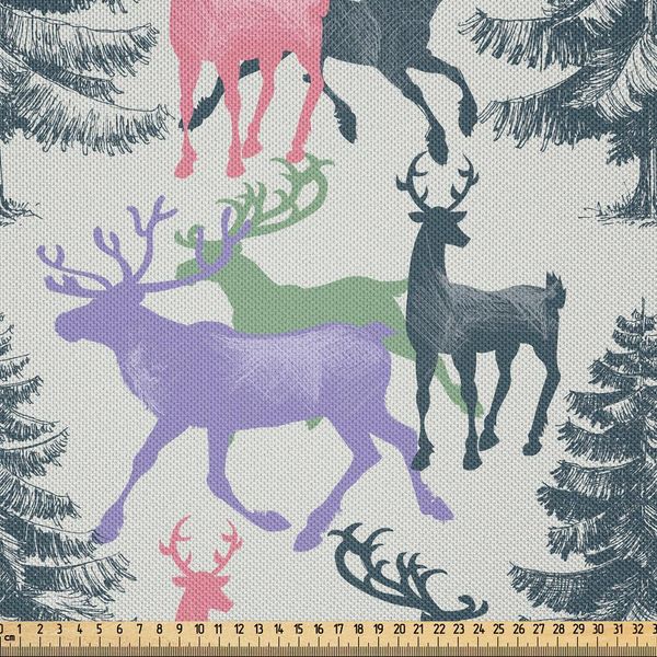 Abakuhaus Tessuto In Raso Con Cervo Venduto Al Metro, Pini Con Animali Corna Stagione Invernale Dicembre Natale Illustrazione A Tema, 1 M (148 X 100 Cm), Multicolore-image
