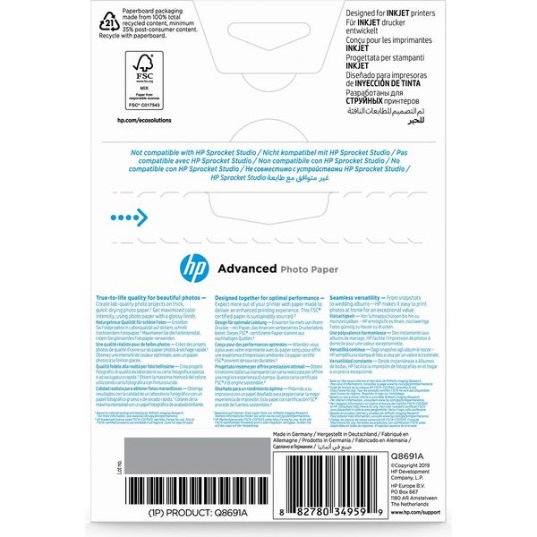 Hp Advanced Photo Paper, Glossy, 250 G/M2, 10 X 15 Cm (101 X 152 Mm), 25 Sheets Carta Fotografica Bianco-image