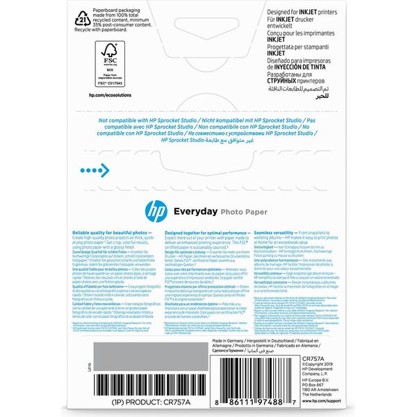 Hp Everyday Photo Paper, Glossy, 200 G/M2, 10 X 15 Cm (101 X 152 Mm), 100 Sheets Carta Fotografica Bianco-image