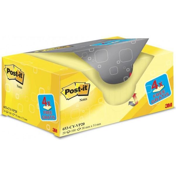 Post-It® 653SY-20 16 + 4 Gratis: Post-It® Notes Haftnotizen Gelb, 16 BlöCke + Gratis 4 BlöCke-image