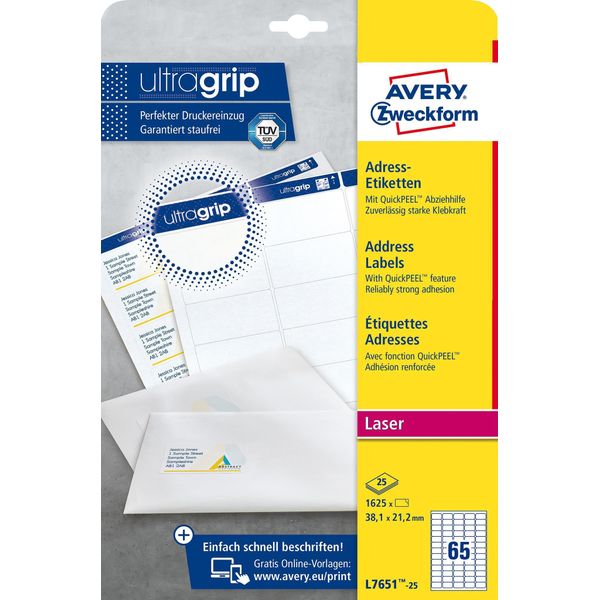 Avery - Weiß - A4 (210 X 297 Mm) 1625 Etikett(En) (25 Bogen X 65) Adressetiketten (L7651-25)-image