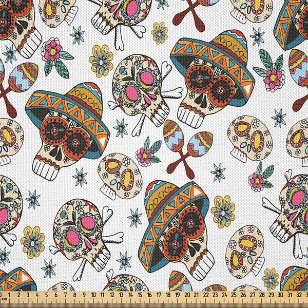 Abakuhaus Dia De Los Muertos Tessuto In Raso Al Metro, Motivo Etnico Messicano Con Teschi Di Zucchero, Fiori E Maracas, 1 M (148 X 100 Cm), Bianco E Multicolore-image