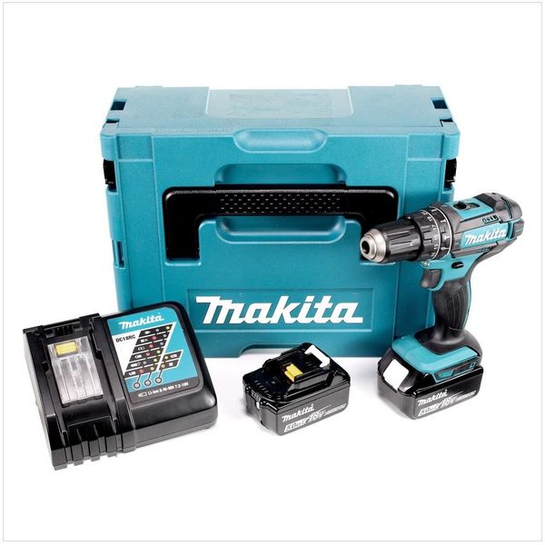 Trapano A Percussione A Batteria Makita Dhp 482 Rtj 18V 62Nm In Makpac + 2X Batteria 5,0 Ah + Caricabatterie-image