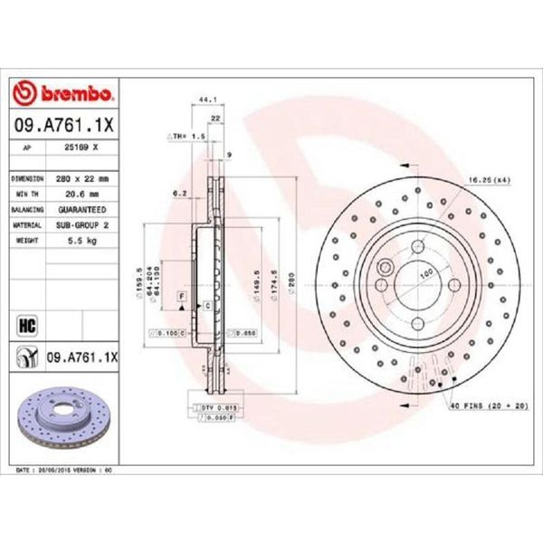 2X Disco Freno Brembo 09.A761.1X Per Mini Hatchback (R56) Clubman (R55) 44Mm-image