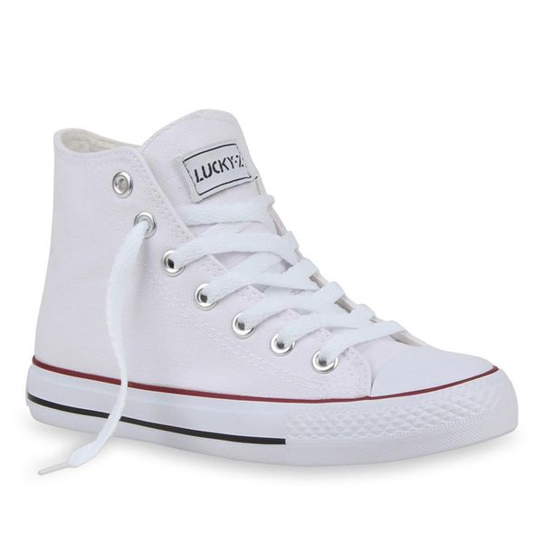 Mytrendshoe Donna Sneaker Alta Scarpe Sportive Cult Allacciate 94589, Colore: White Red Stripe Lucky, Dimensioni: 36-image