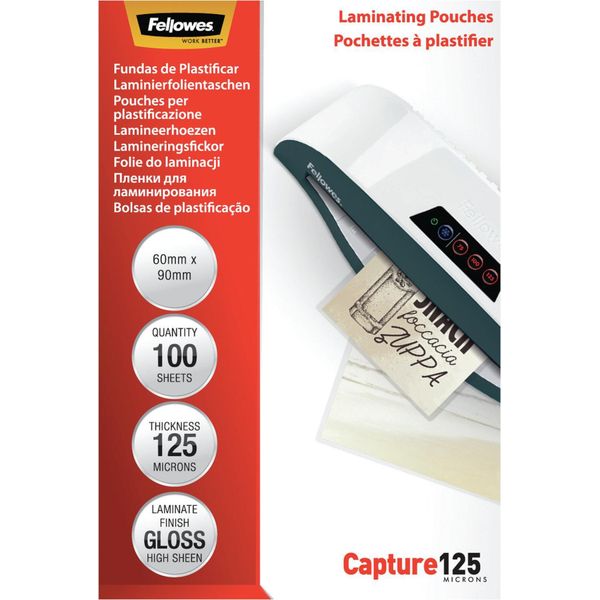 Fellowes Laminating Pouches Capture 125 Micron - 125 Micron - Confezione Da 100 - Lucido - 60 X 90 Mm Pouches Per Laminazione-image
