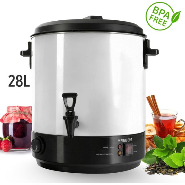 Pentola Automatica Per Conserve Arebos 2500 W | Pentola Per Conserve Da 28 L Con Termostato E Protezione Contro Il Surriscaldamento | Regolazione Continua 30-110 °C | Incluso Sollevatore Di Vasi Per Conserve Bianco-image