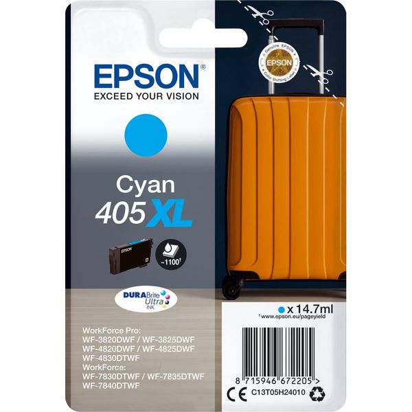 Epson Singlepack Cyan 405XL Durabrite Ultra Ink - Originale - Inchiostro A Base Di Pigmento - Ciano - Epson - Confezione Singola - Workforce WF-7830 - 7835 - 7840 - Workforce Pro WF-3820 - 3825 - 4820 - 4825 - 4830-image