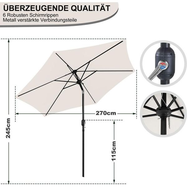 Tolletour 2,7M-3,5M Ombrellone Con Led Ombrellone Solare Con Manovella UV40+ Ombrellone Da Giardino, Beige, 2,7M-image