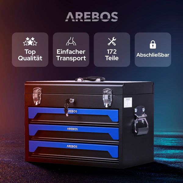 Valigetta Portautensili Arebos 172 Pezzi | Set Di Chiavi A Bussola | 3 Cassetti Blu/Nero-image