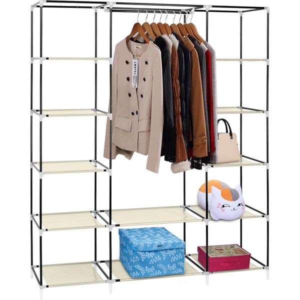 Armadio In Tessuto Fch, Armadio In Tessuto Non Tessuto, 5 Strati E 12 Scomparti Con 1 Barra Appendiabiti, 150×45×175 Cm, Beige-image