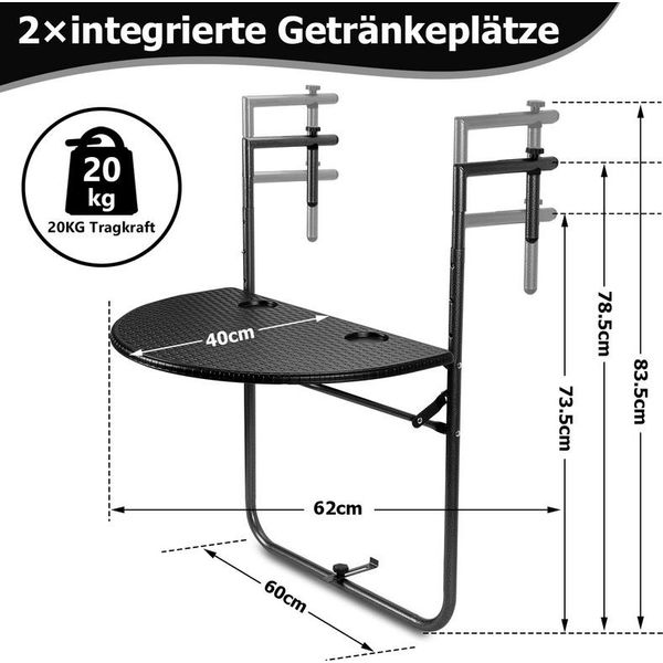 Jiubiaz Balcone Tavolo Appeso Tavolo Pieghevole All'aperto Nero Stabile Balcone Appeso Tavolo 60X40Cm-image
