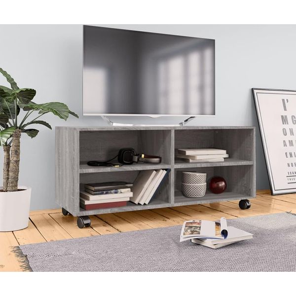 The Living Store Mobile Tv Con Rotelle Grigio Sonoma 90X35X35 Cm Materiale In Legno-image