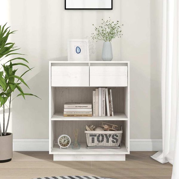 The Living Store Mobile Laterale Bianco 60X34X75 Cm In Legno Di Pino Massiccio-image