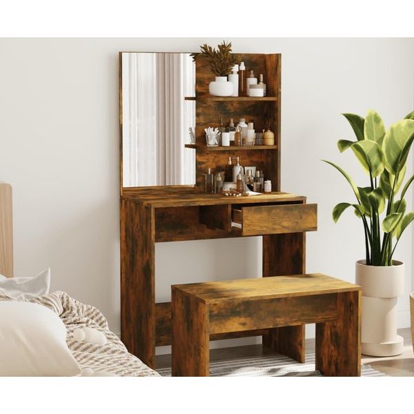 The Living Store Comodino Con Specchio In Rovere Fumé 74,5X40X141 Cm-image