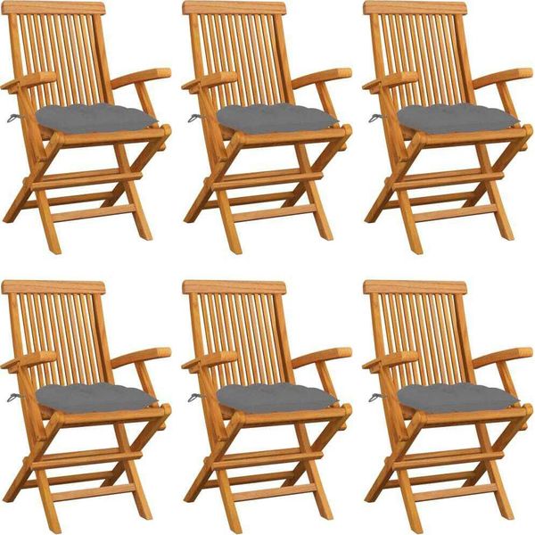 The Living Store Sedie Da Giardino Con Cuscini Grigi 6 Pz. Legno Massiccio Di Teak-image