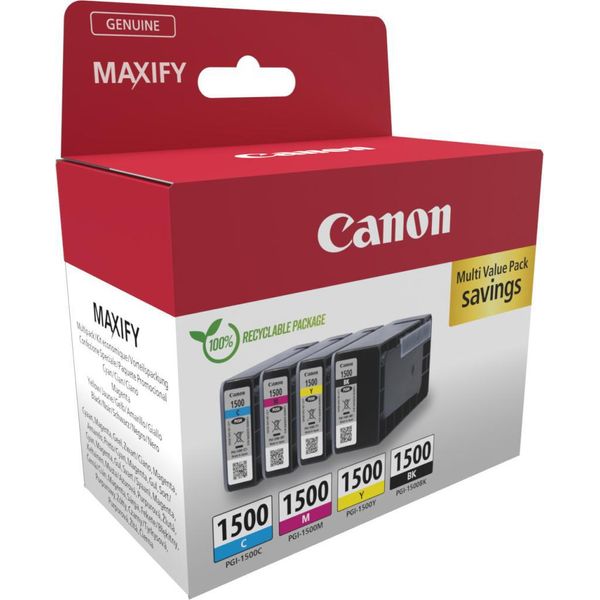 Canon PGI-1500 Bk/C/M/Y Multipack - Confezione Da 4 Pezzi - Nero, Giallo, Ciano, Magenta - Originale - Contenitore D'inchiostro - Per Maxify Mb-image