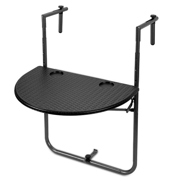 Yakimz Tavolo Da Balcone Appeso Tavolo Da Balcone Appeso Tavolo Pieghevole Tavolo Da Balcone Tavolo Da Giardino Con 3 Altezze, 2 Portabicchieri, In Look Rattan, 60X40 Cm Nero-image