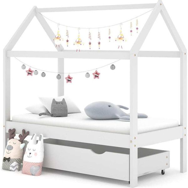 The Living Store Letto Per Bambini Con Cassetto In Pino Massiccio Bianco 70X140 Cm-image