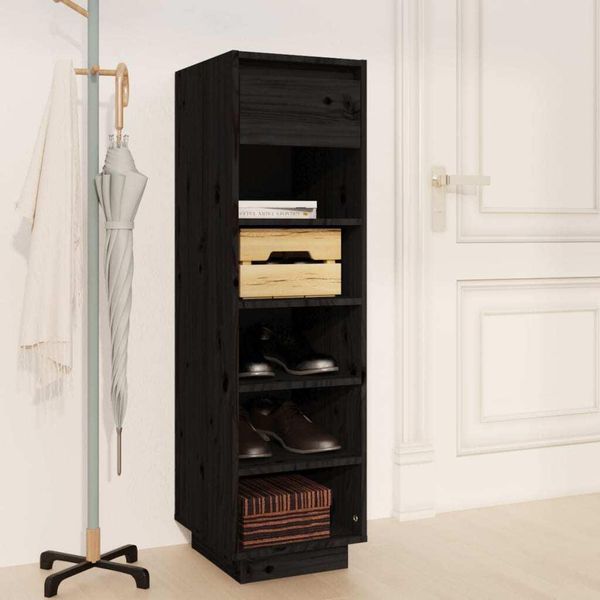 The Living Store Scarpiera Nera 30X34X105 Cm In Legno Di Pino Massiccio-image