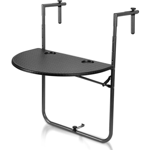 Tavolino Da Balcone Tavolino Sospeso Tavolino Da Balcone Ribaltabile Tavolino Ribaltabile Da Balcone Con 3 Altezze Regolabili, Piano 60X40 Cm, Effetto Rattan, Nero-image