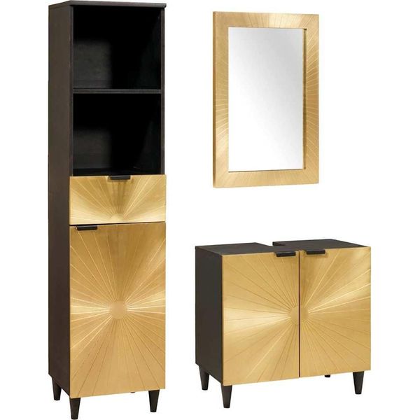 Syfax™ Set Di Armadi Da Bagno 3 Pcs Nero E Oro Legno Di Mango Massello-image