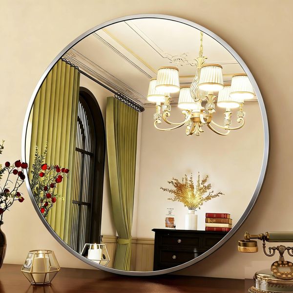 Specchio Da Bagno Rotondo, Moderno Specchio Da Trucco Da Parete Con Cornice In Alluminio Per Soggiorno, Camera Da Letto, Ingresso, 32'', Argento, 80 Cm-image