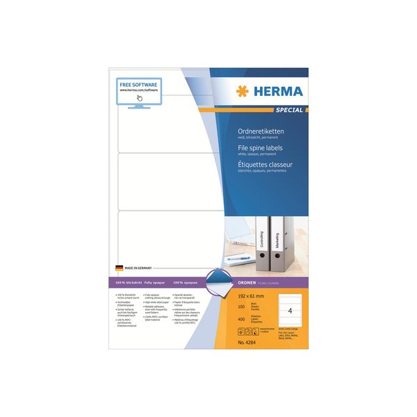 Herma Superprint - Etichette Per Cartelle - Bianco - 61 X 192 Mm - 400 Pezzi (100 Fogli X 4) (4284)-image