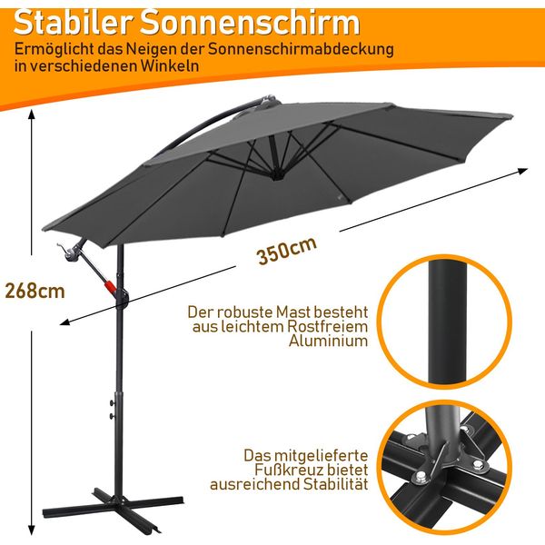 Jayseuw Ombrellone Ombrellone A Braccio Laterale Ombrellone Da Giardino Gazebo 350 Cm - Grigio-image