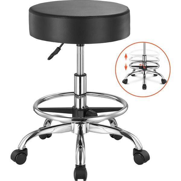 Vevor Sgabello A Rotelle Sgabello Da 204 Kg Caricabile Regolabile In Altezza (55-71 Cm) Sgabello Girevole Da Lavoro Con Schienale E Poggiapiedi, Sgabello Girevole In Finto Cuoio Per Salone Spa Clinica Massaggi Nero-image