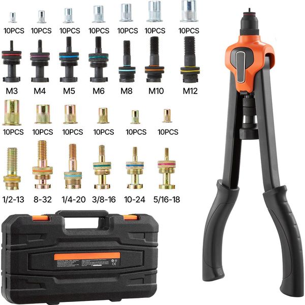 Set Di Pinze Per Dadi Rivettati Succebuy Da 42 Cm, Pinze Rivettatrici A Due Mani Con 13 Inserti E 130 Dadi In Misure Metriche E Sae M3, M4, M5, M6, M8, M10, M12, 1/2-13, 8-32, 10-24, 1/4-20, 5/16-18, 3/8-16 Unc-image