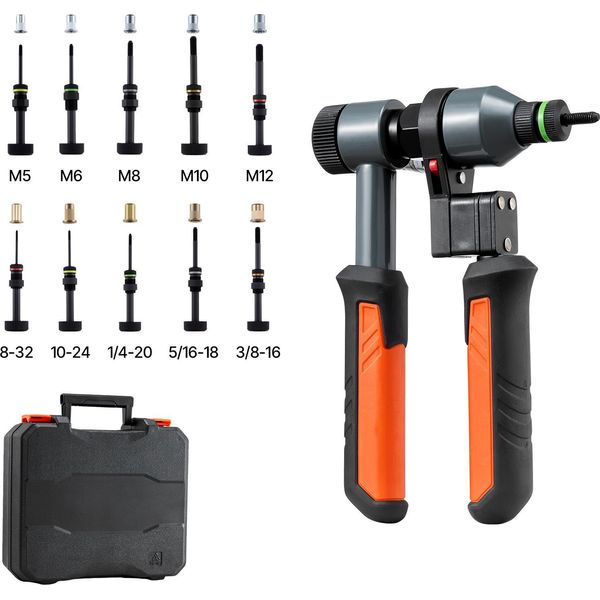 Set Di Pinze Per Dadi Rivettati Succebuy 21 Cm, Pinza Rivettatrice A Cricchetto Con 10 Punte E 100 Dadi In Misure Metriche E Sae M5, M6, M8, M10, M12, 8-32, 10-24, 1/4-20, 5/16-18, 3/8-16 Unc, Incl. Pratica Valigetta Di Trasporto-image