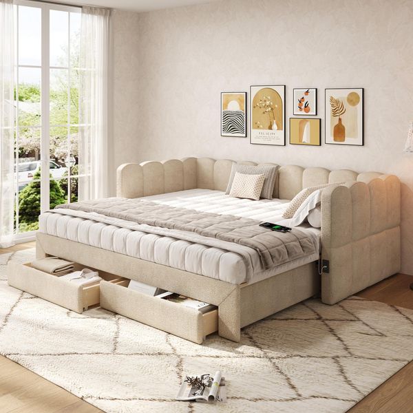 Letto Imbottito Flieks 90X190 Cm Con Letto Estraibile, Divano Letto Daybed Con Usb E Type-C, Letto Per Ragazzi Daybed Con 2 Cassetti, Ciniglia, Beige-image
