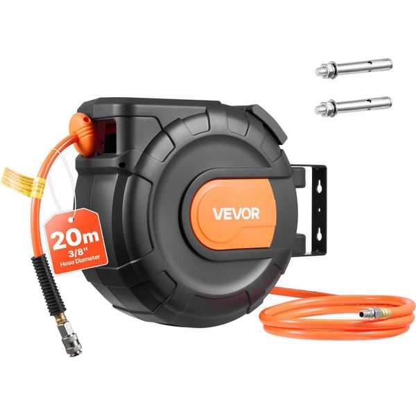 Vevor Avvolgitubo Per Aria Compressa, Tubo Flessibile In Pvc Da 9,5 Mm X 20 M, 20 Bar, Avvolgitubo Chiuso Con Avvolgimento Automatico E Cavo Di Alimentazione Da 2 M, Supporto Per Soffitto/Parete Orientabile A 180°-image