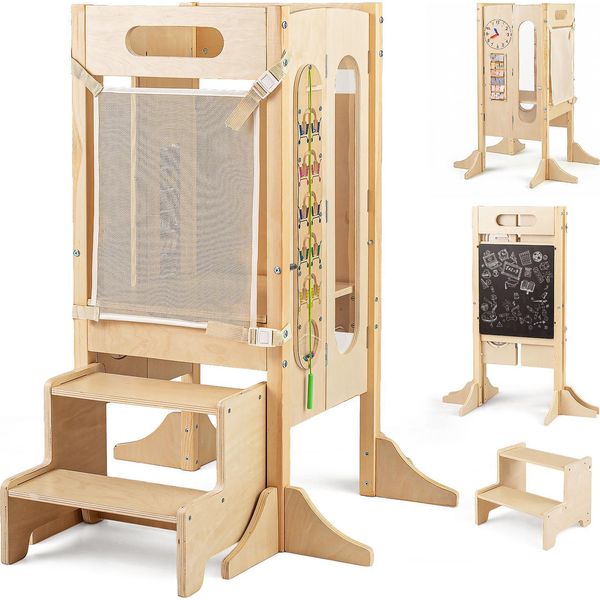 Costway Torre Didattica 4 In 1, Sgabello In Legno Con 2 Gradini, Lavagna E Rete Di Sicurezza, Torre Didattica, Sgabello Per Bambini Dai 3 Anni In Su, Naturale-image