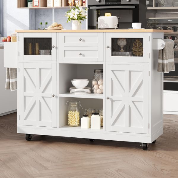 Isola Da Cucina Sweiko, Carrello Per Sala Da Pranzo Con Piano Di Lavoro, Mobile Buffet, Carrello Per Sala Da Pranzo Con Venature Del Legno, Portasciugamani Laterale, Ante Tridimensionali Con Rotelle, Divisori Regolabili, Bianco-image