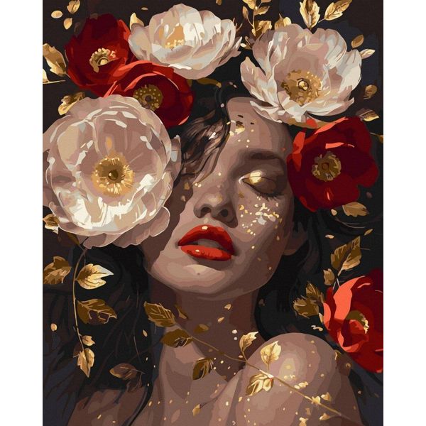Set Di Tela Nera Painting By Numbers Ragazza E Peonie Rosse In Oro 40X50-image