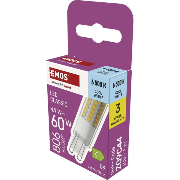 Lampadina Led Emos G9 Classic 4,9 W, Sostituisce Una Lampadina Alogena Da 60 Watt, Attacco G9 Jc Con Luminosità 806 Lm, Bianco Caldo 3000 K, Lunga Durata, ZQ9C42-image