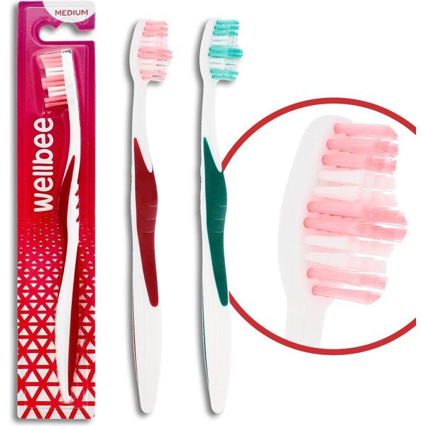 Wellbee Spazzolino Da Denti Medio Per Adulti (Confezione Da 2) - Colori Assortiti 1 Pezzo.-image